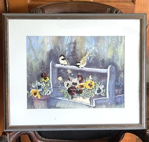 Vtg Framed Crewel Needlepoint Floral Birds Nature Wall Art Picture 22x18" Pansy - Picture 1 of 13