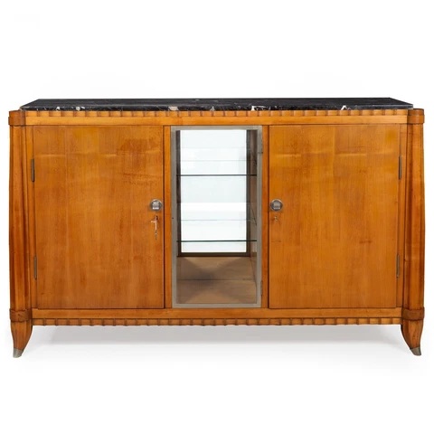 French Art Deco Cherry, Nickel and Marble Sideboard Credenza Cabinet Cover