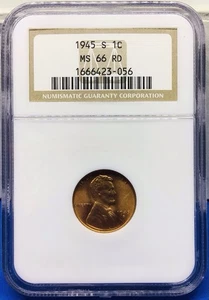 1945-S Lincoln Cent Wheat Penny - **NGC MS66RD** - Bright Wheat NGC Certified - Picture 1 of 6