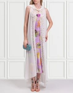 RRP €480 ELLA Crepe Long Cloak One Size Studded See Through Hooded Sleeveless - Picture 1 of 8