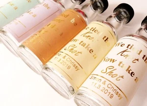 120 PERSONALISED GOLD FOIL MINATURE BOTTLE LABELS, WEDDING, TIED THE KNOT - Picture 1 of 3