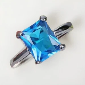 Aquamarin blau Smaragdschliff Topas Edelstein-Silber Titan Statement Ring-Größe 8 - Bild 1 von 12