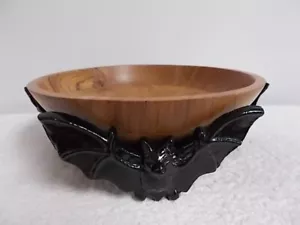 Spooky Hollow Halloween Wood & Black Metal Vampire Bat Candy Serving Bowl - Picture 1 of 5