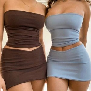 Women's Solid Sleeveless 2-Piece Set Tube Crop & Skirt Summer Beach Streetwear - Picture 1 of 16