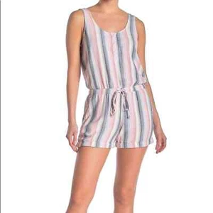 Cloth & Stone Women's Size Medium M Striped Surplice Linen Blend Romper - Picture 1 of 6