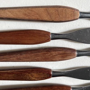 VTG Fleetwood Designer Steak Knives Stainless Steel MCM Teak Wood Handle Set 6 - Picture 1 of 8