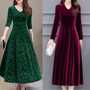 Abito donna manica lunga scollo V velluto elegante retrò swing dress clubwear - Foto 1 di 61