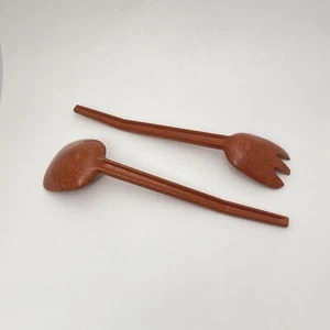 Juego de utensilios tenedor cuchara para servir ensalada de melmac de madera de sílex naranja mota mediados de siglo - Imagen 1 de 7