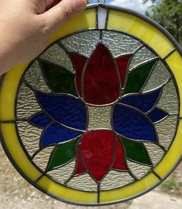 Red & Blue Tulips Flowers Stained Glass Suncatcher Approximately 11" round - Picture 1 of 5