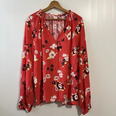 NUEVA Blusa Gap Para Mujer XXL Roja Top Volantes Cuello Amapola Floral Manga Larga Cuello en V Foto 1 de 4