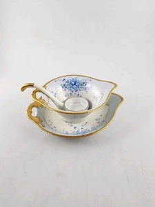Antique Sauce Gravy Boat Under Plate Ladle Germany Blue Forget Me Not Floral - Picture 1 of 16