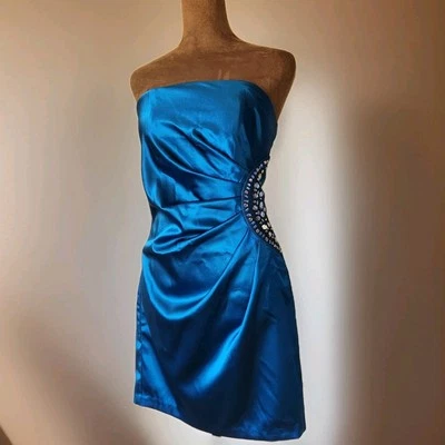 Y2K BCX Party Dress Size 1 Strapless Satin Teal Blue Gem Mini Vintage NWT - Image 1 of 4