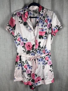 Victoria’s Secret Pajamas Satin Shorts Romper Sz Medium Pink Floral Striped NWT - Picture 1 of 4
