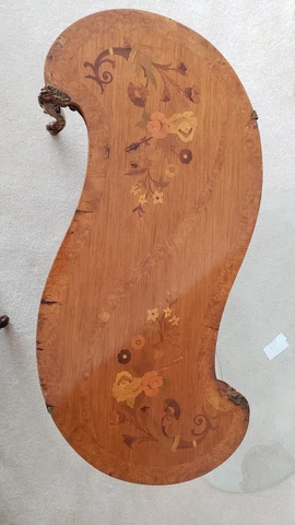 Vintage Scroll Shape Inlaid Marquetry Coffee Table Carved Angels Cover