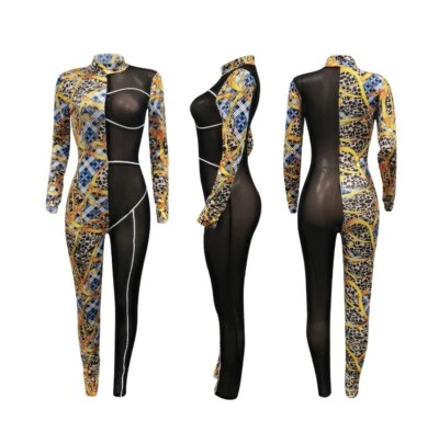 Nuevo Mujeres Malla Retazos Sexy Manga Larga Cremallera Cuello en V Delgado Club Mono #Q15 Foto 1 de 2