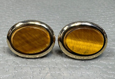 Vintage Tiger's Eye Yellow Gold Plated Cuff Links