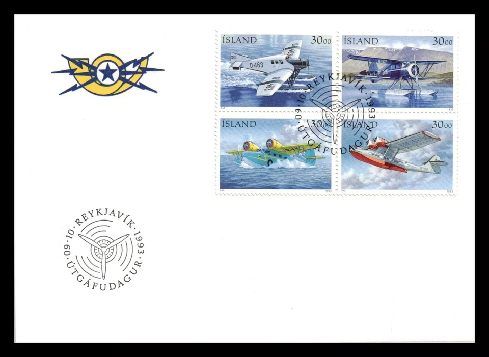 ICELAND 1993 POSTAL FLIGHTS AVIATION 4 STAMP SET  FDC  UNADDR - Image 1 of 1