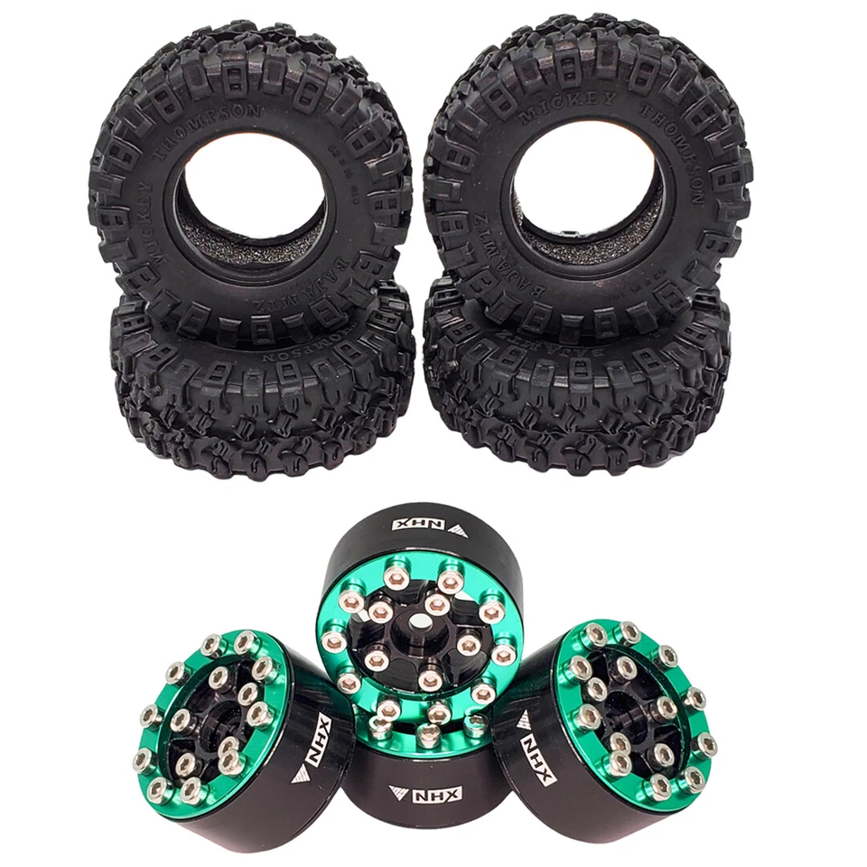 NHX RC All Terrain 1.0" Tires w/Alum Screw-Style Beadlock Wheels (4) Green SCX24 - Image 1 of 4