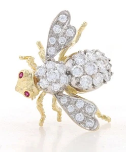 1.10ct Diamante Redondo Natural Rubí 14k Oro Amarillo Macizo Boda Abeja Broche - Imagen 1 de 3