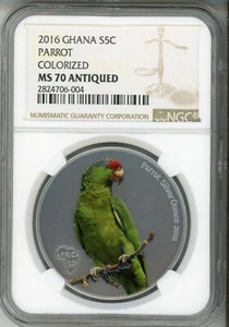 2016 GHANA 5 CEDIS   PARROT - COLORIZED - ANTIQUED  NGC MS 70 - TOP POP - Picture 1 of 4