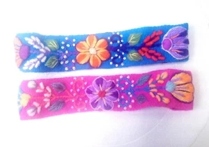 Peruvian Alpaca Wool Floral Headbands, Aqua & Hot Pink, Set of Two - Picture 1 of 6
