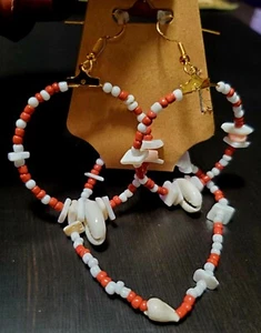 Seashell Beaded Natural Shell Earrings with Matching Shell Stretch Bracelet - Picture 1 of 7