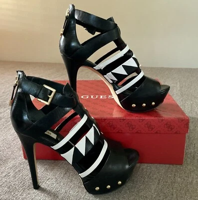 Guess GW Oresty 7 1/2 Heels Black White Gold Studded Platform Peep Toe Stiletto - Image 1 of 4