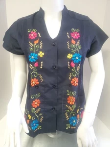 Camisa Mujer Guayabera Mexicana FLORAL Azul Talla XS Botón Bolsillo Frontal - Imagen 1 de 12