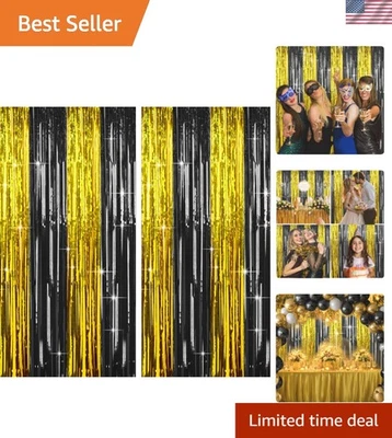 Elegant Black and Gold Foil Fringe Curtains - Pack of 4, 3.3ft x 6.6ft - Image 1 of 4