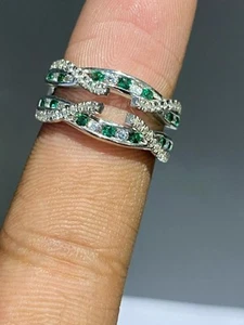 14k White Gold Plated 2Ct Round Cut Simulated Green Emerald Engagement Band Ring - Picture 1 of 7