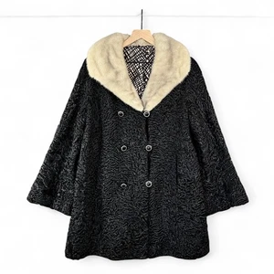 Abrigo De Colección Años 50 Negro Persa Karakul Rizado Piel De Cordero Cuello Visón Tostado Mobwife L - Imagen 1 de 12