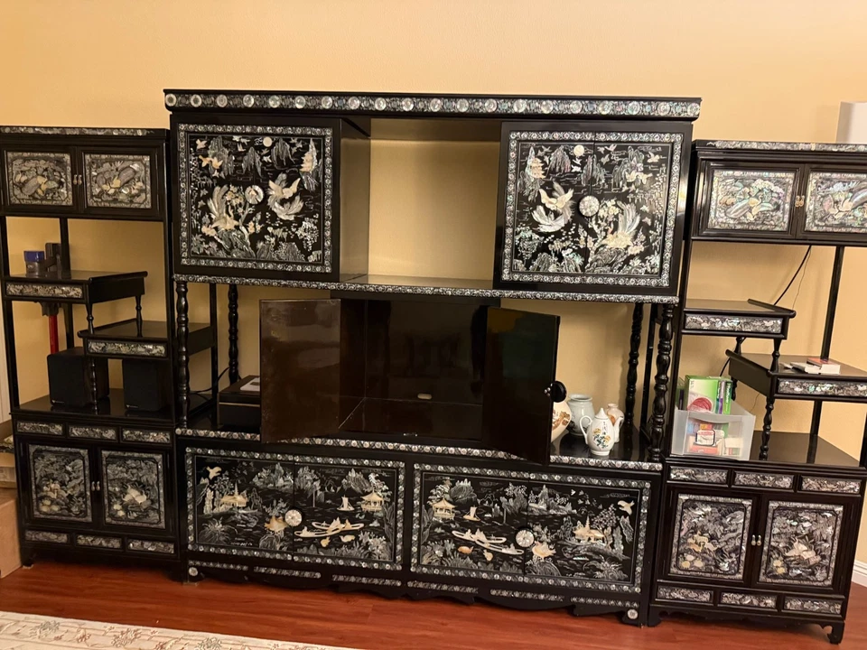 Korean Black Lacquer Mother of Pearl Large Cabinet Wall Unit - Image 1 of 4