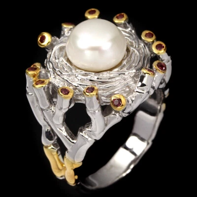 Handmade Pearl 9mm in Bird's Nest Ring Rhodolite Garnet 2 Tone Sterling 925 SZ 9 - Image 1 of 4