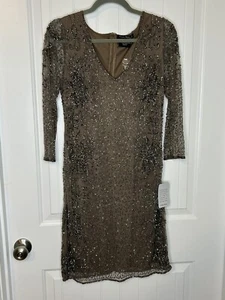 NWT w Defect PISARRO NIGHTS Beaded V-neck Cocktail Dress SIZE 6 Tan Brown - Picture 1 of 23