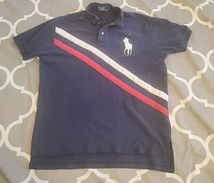 VINTAGE Polo Ralph Lauren Polo Shirt Mens Large Navy Big Pony Rugby Stripes Y2K - Picture 1 of 22