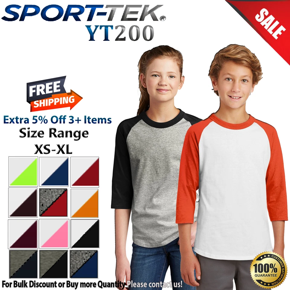 Sport-Tek YT200 Youth Raglan 袖色块圆领时尚球衣 T 恤 — 第 1/1 张图片