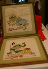 Lot Of 2 Framed Needlepoint Frogs,1 Doing Needlepoint,Other At Beach 11"X11"