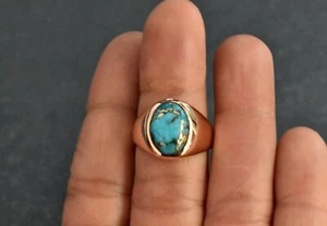 Natural Blue Oval Turquoise Gemstone Ring, 925 Solid Silver ,Yellow Gold Plating - Picture 1 of 3