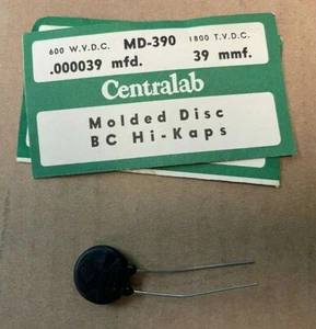 Nuevo de lote antiguo Centralab tipo MD disco moldeado cerámica BC Hi-Kaps, MD-390, 39 MMF 600VDC - Imagen 1 de 4