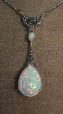 Collar estilo antiguo de plata esterlina ópalo marcasita decoración lágrima llamativo ** Foto 1 de 4