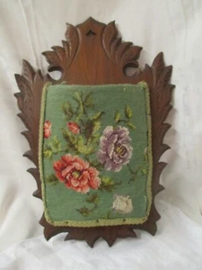 Antique Walnut Carved Wood Wall Mount Magazine Holder with Needlepoint cover - Picture 1 of 7