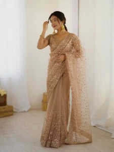 Attractive Look Net Saree With Designer Blouse For Wedding & Reception Wear - Picture 1 of 10