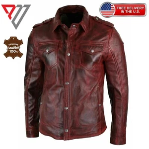 Men's Genuine Lambskin Soft Waxed Burgundy Leather Slim Fit Casual Shirt - Picture 1 of 3