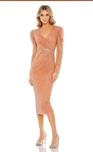 Mac Duggal 93674 Women’s Size 14 Copper Long Sleeve Beaded Mesh Midi Dress NWT - Picture 1 of 15