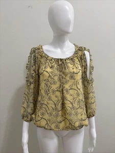 Max Studio Yellow Floral Ruffle Cold Shoulder Tie Neck 3/4 Sleeve Blouse Sz S - Picture 1 of 11
