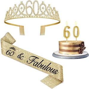60th Birthday Decorations for Women Gold with Sash and Tiara, - Picture 1 of 3