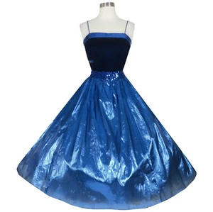 Vintage 80s 50s Blue Velvet Sequin Metallic Lamé Foil Prom Party Dress M Medium - Picture 1 of 12
