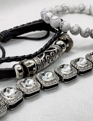 Juego de 3 pulseras unisex. 1 Cristales Brillantes, 1 Howolita Blanca y Cuero Negro,  Foto 1 de 4