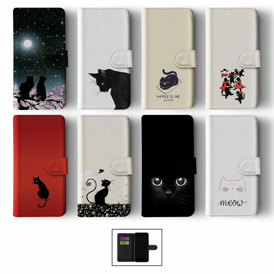 CASE FOR IPHONE 16 15 14 13 12 11 PRO WALLET FLIP PHONE COVER BLACK CUTE KITTY - Image 1 of 1