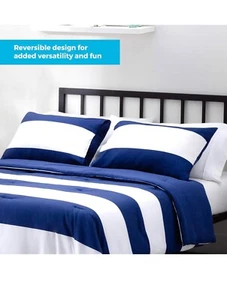 LINENSPA all season microfiber comforter rugby stripe Full navy/white - Picture 1 of 3